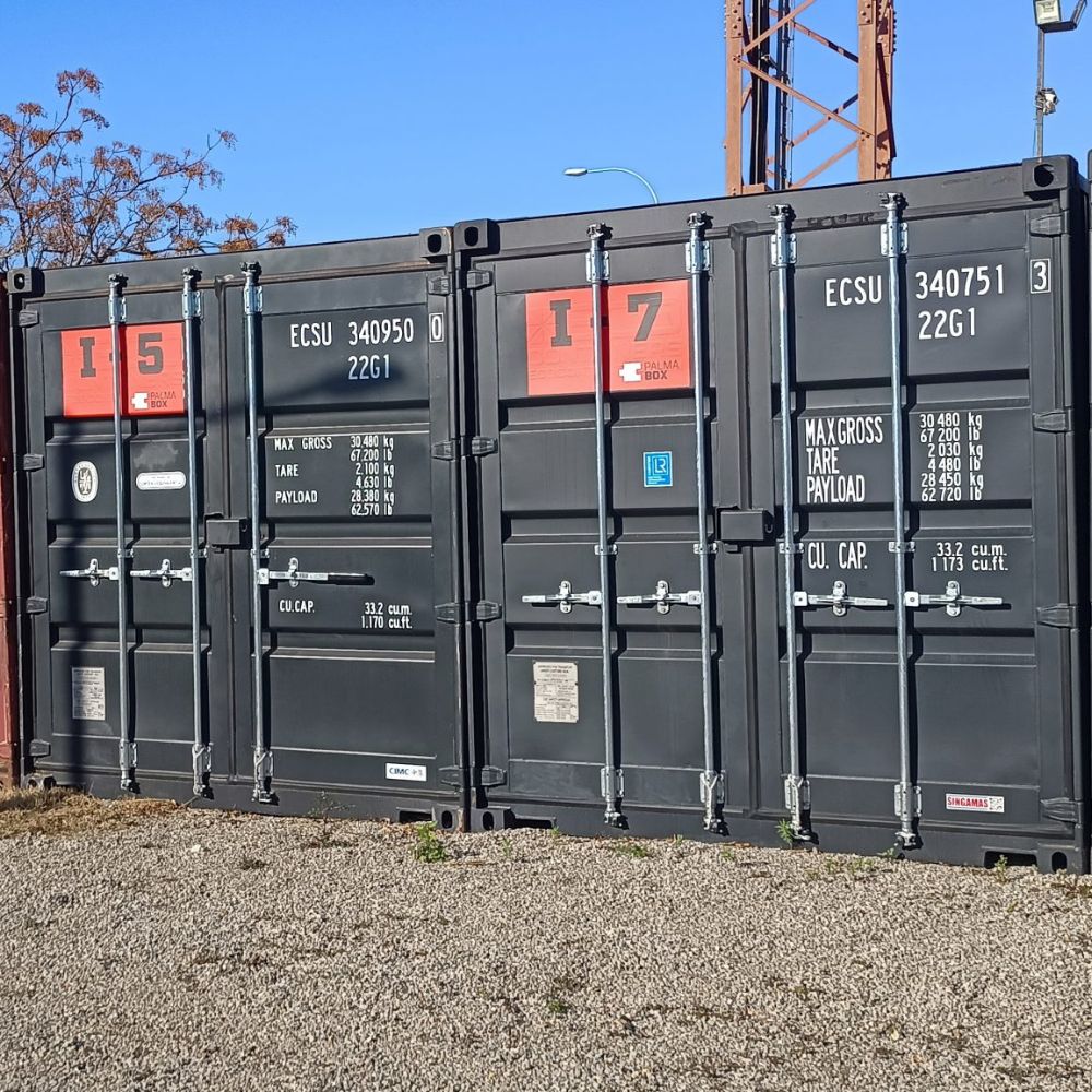 Numbered Corten steel storage container doors at the PalmaBox facility in Palma